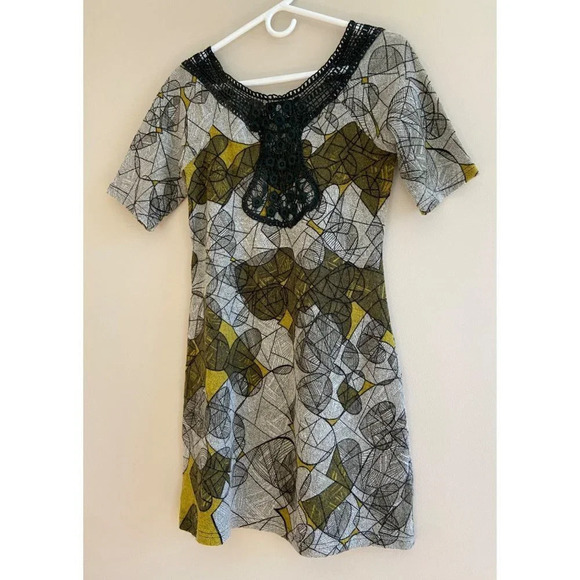 Angie Printed Fall Boho Sweater Dress with Crochet Neckline Size Small - Picture 4 of 11